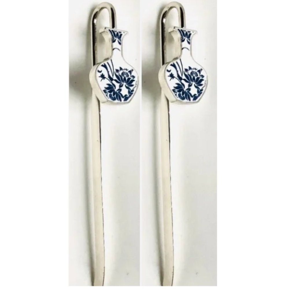 Brand New Unused Artisan Lock-on Porcelain & Steel Bookmark with Lotus Motif x 2